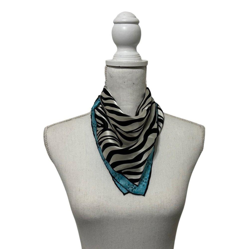 Vintage Harold's Scarf Sheer 100% Silk Women Zebra Stripes Pattern Blue Border